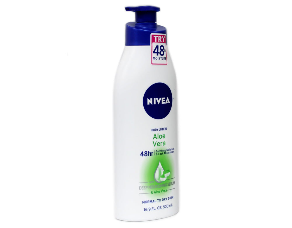 NIVEA Aloe Vera Lotion close-up highlights non-greasy absorption and smooth skin