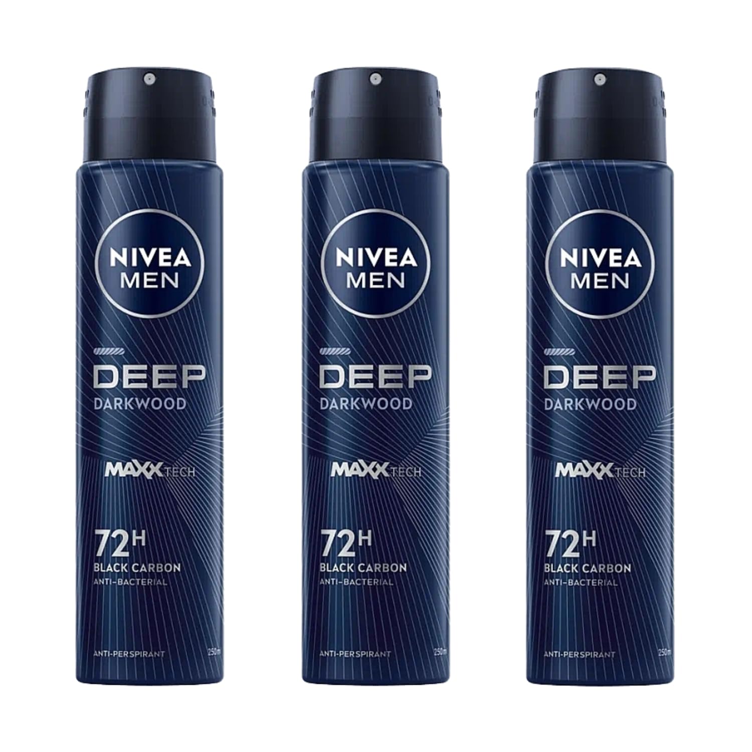 NIVEA Men Deep Black Carbon Darkwood aerosol trio for long-lasting protection.
