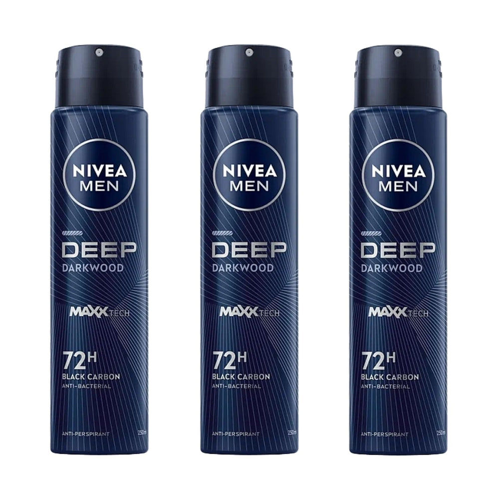 NIVEA Men Deep Black Carbon Darkwood aerosol trio for long-lasting protection.