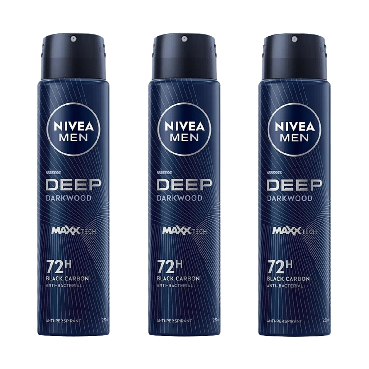NIVEA Men Deep Black Carbon Darkwood aerosol trio for long-lasting protection.