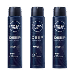NIVEA Men Deep Black Carbon Darkwood aerosol trio for long-lasting protection.