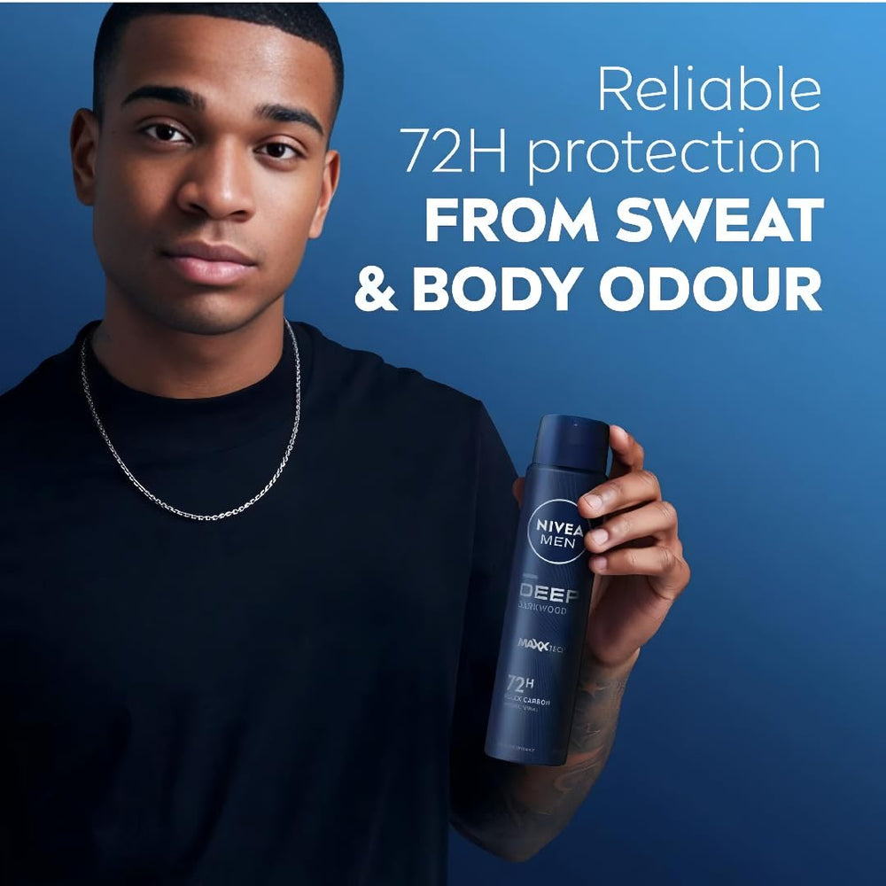 Close-up of NIVEA Men Deep Black Carbon Darkwood bottle emphasizing charcoal infusion.
