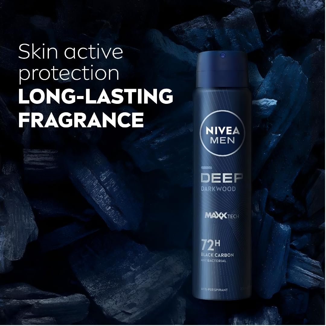 NIVEA Men Deep Black Carbon Darkwood bottle shows quick-dry action for stain-free wear.