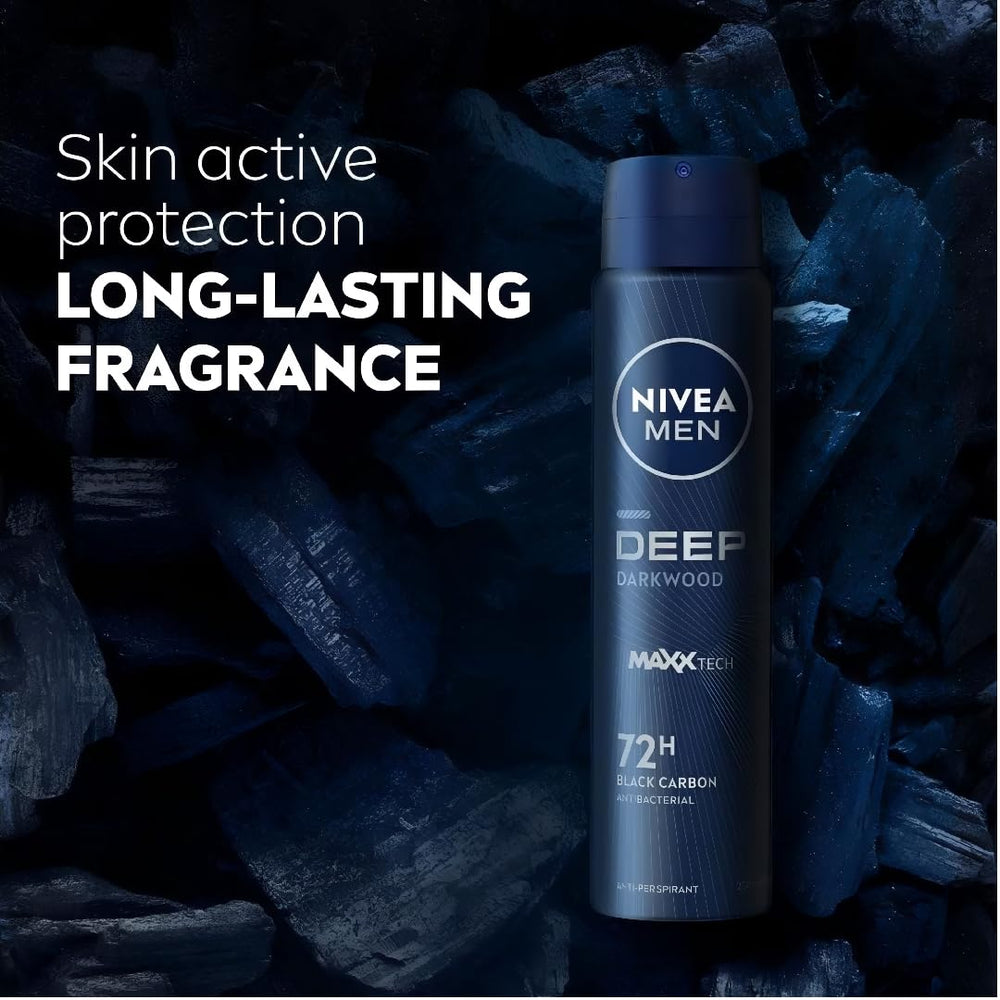 NIVEA Men Deep Black Carbon Darkwood bottle shows quick-dry action for stain-free wear.