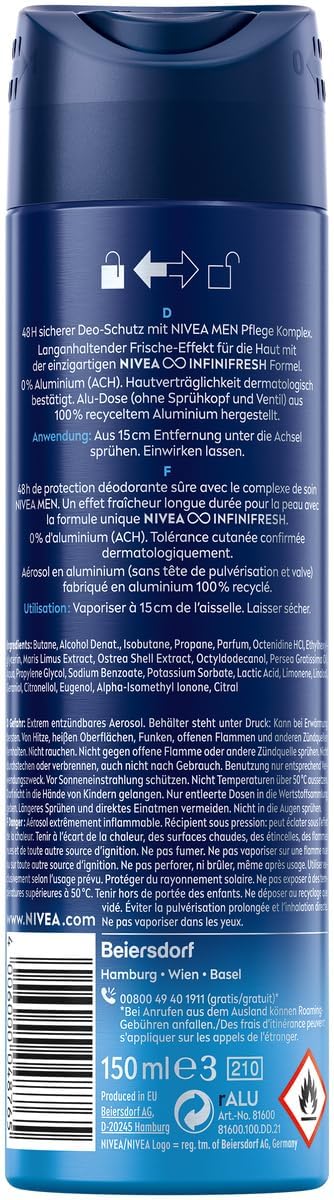 NIVEA Men Fresh Active Deodorant with ocean extracts delivering masculine scent.