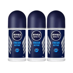 NIVEA Men Fresh Active roll-on bottle close-up with refreshing scent and 48-hour protection.