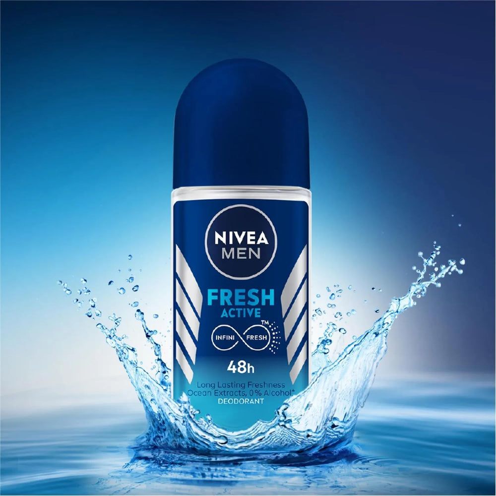 Nivea Men Fresh Active roll-on bottle pour signaling long-lasting freshness