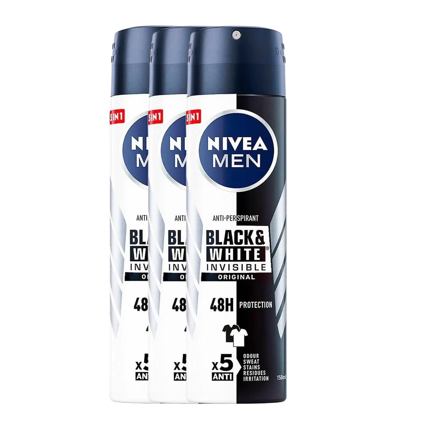 NIVEA Men Invisible Original spray bottle showing 150ml capacity and mark-free protection.