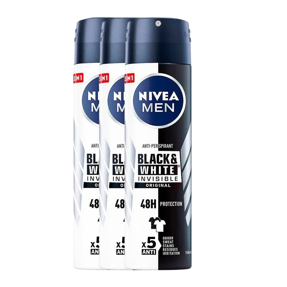 NIVEA Men Invisible Original spray bottle showing 150ml capacity and mark-free protection.