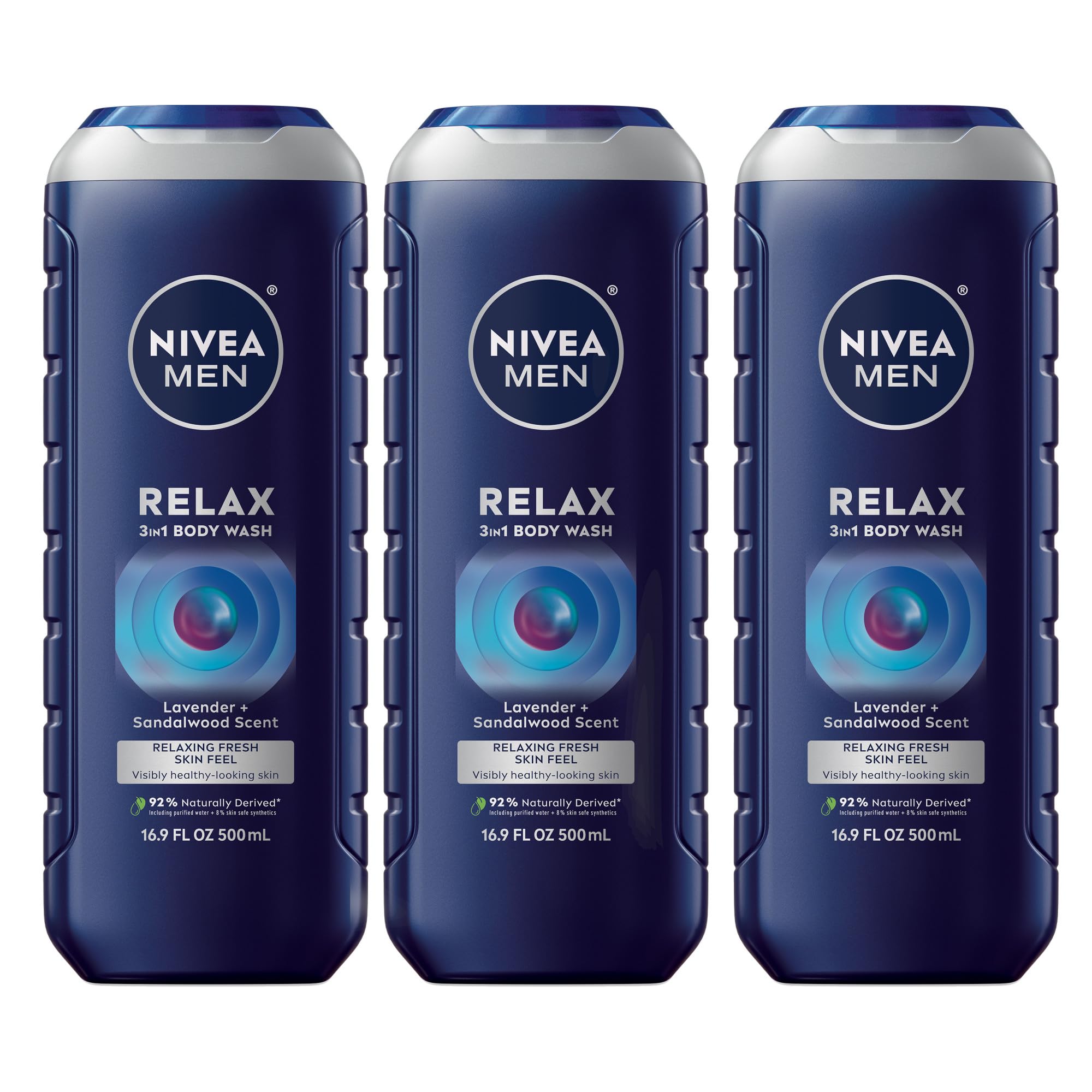 NIVEA MEN Relax bottle front with 3-in-1 formula for face, body, and hair.
