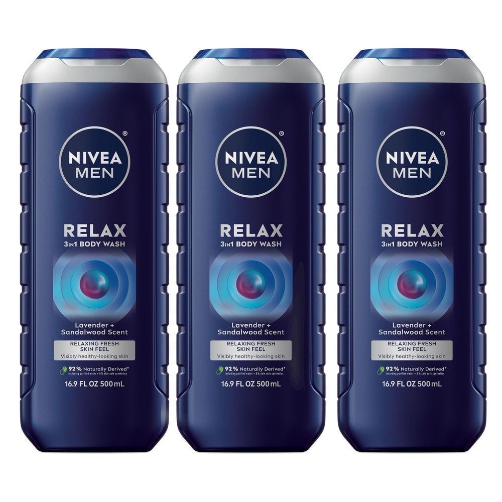 NIVEA MEN Relax bottle front with 3-in-1 formula for face, body, and hair.
