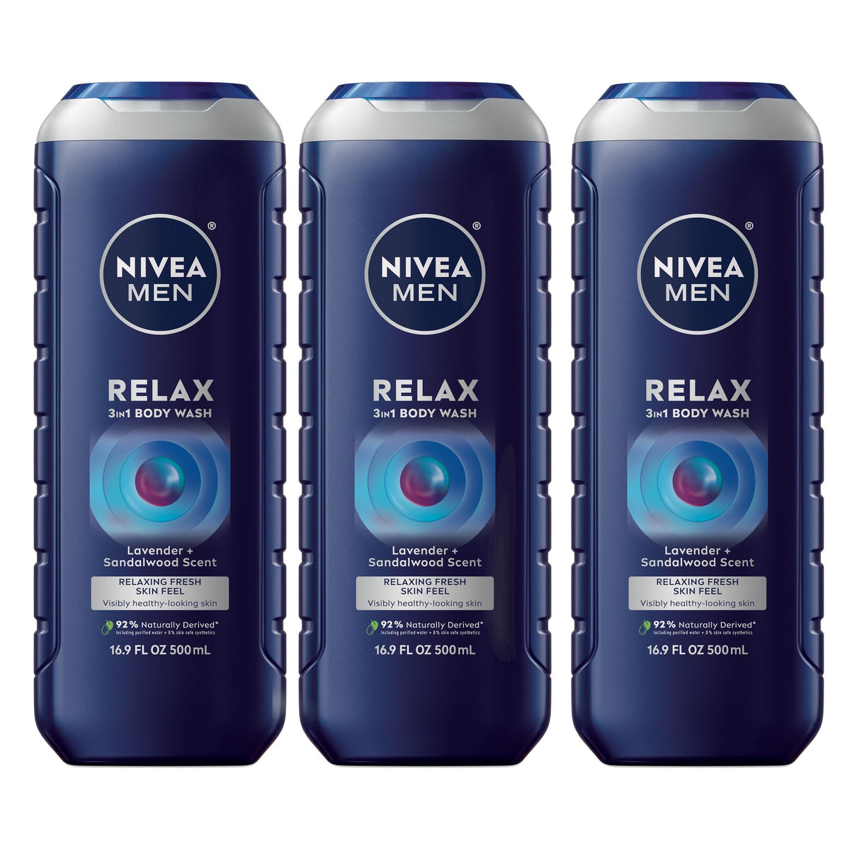 NIVEA MEN Relax bottle front with 3-in-1 formula for face, body, and hair.