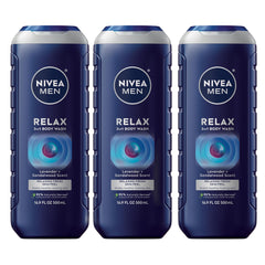 NIVEA MEN Relax bottle front with 3-in-1 formula for face, body, and hair.