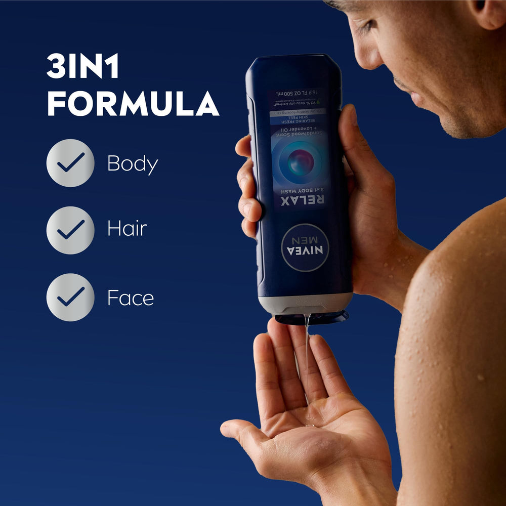 NIVEA MEN Relax bottle being poured for quick, convenient showering after workouts.