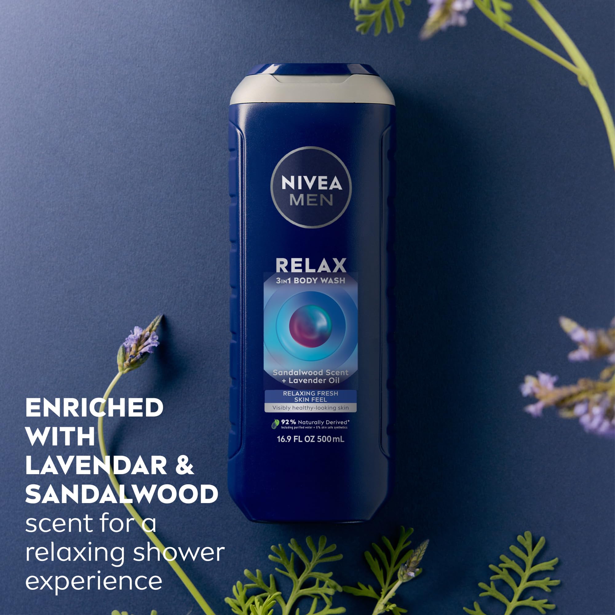 NIVEA MEN Relax lathering foam showing lavender-sandalwood scent calming the senses.