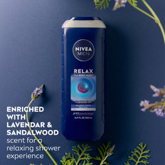 NIVEA MEN Relax lathering foam showing lavender-sandalwood scent calming the senses.
