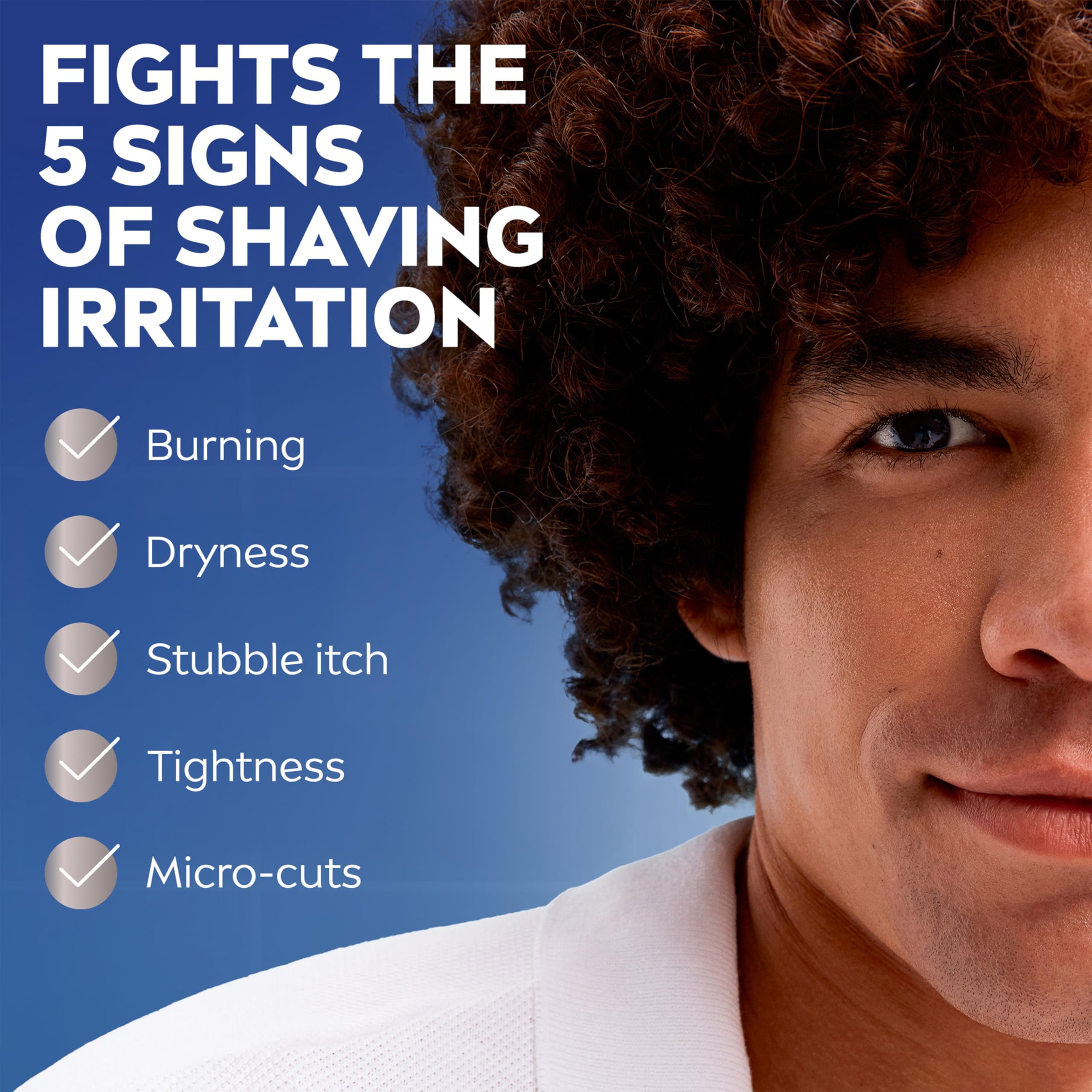 Fights five signs of shave irritation, including burning and dryness