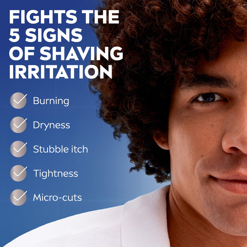 Fights five signs of shave irritation, including burning and dryness