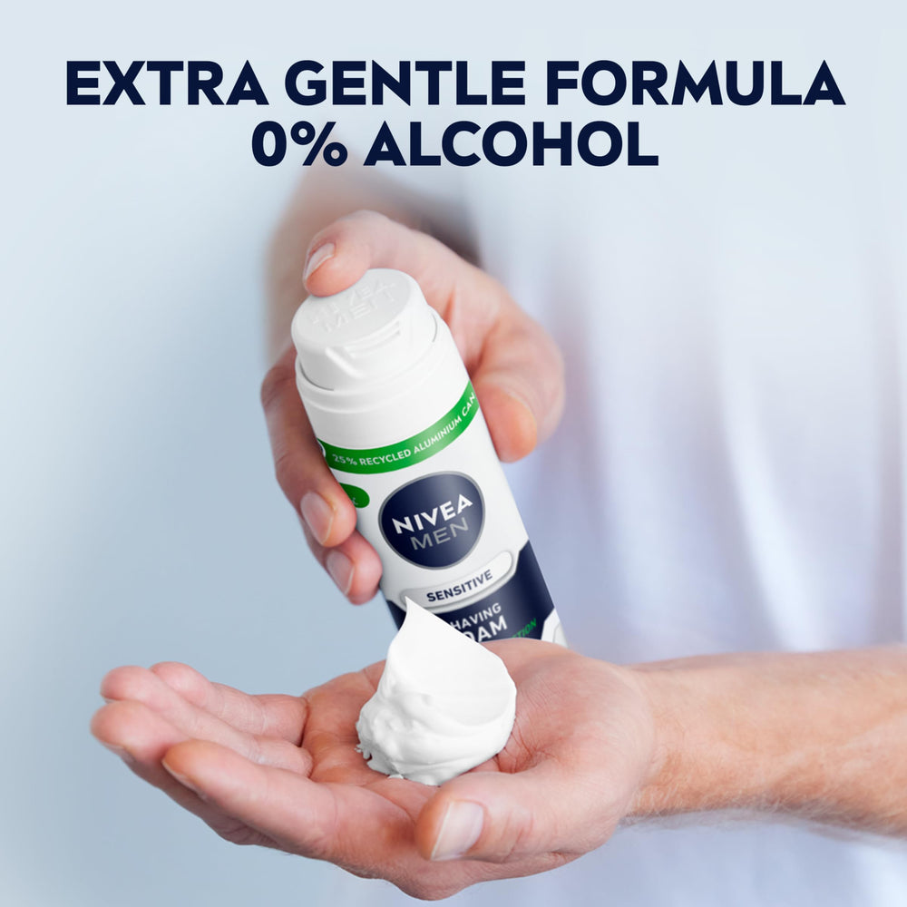 Front view of NIVEA MEN shaving foam packaging for sensitive skin