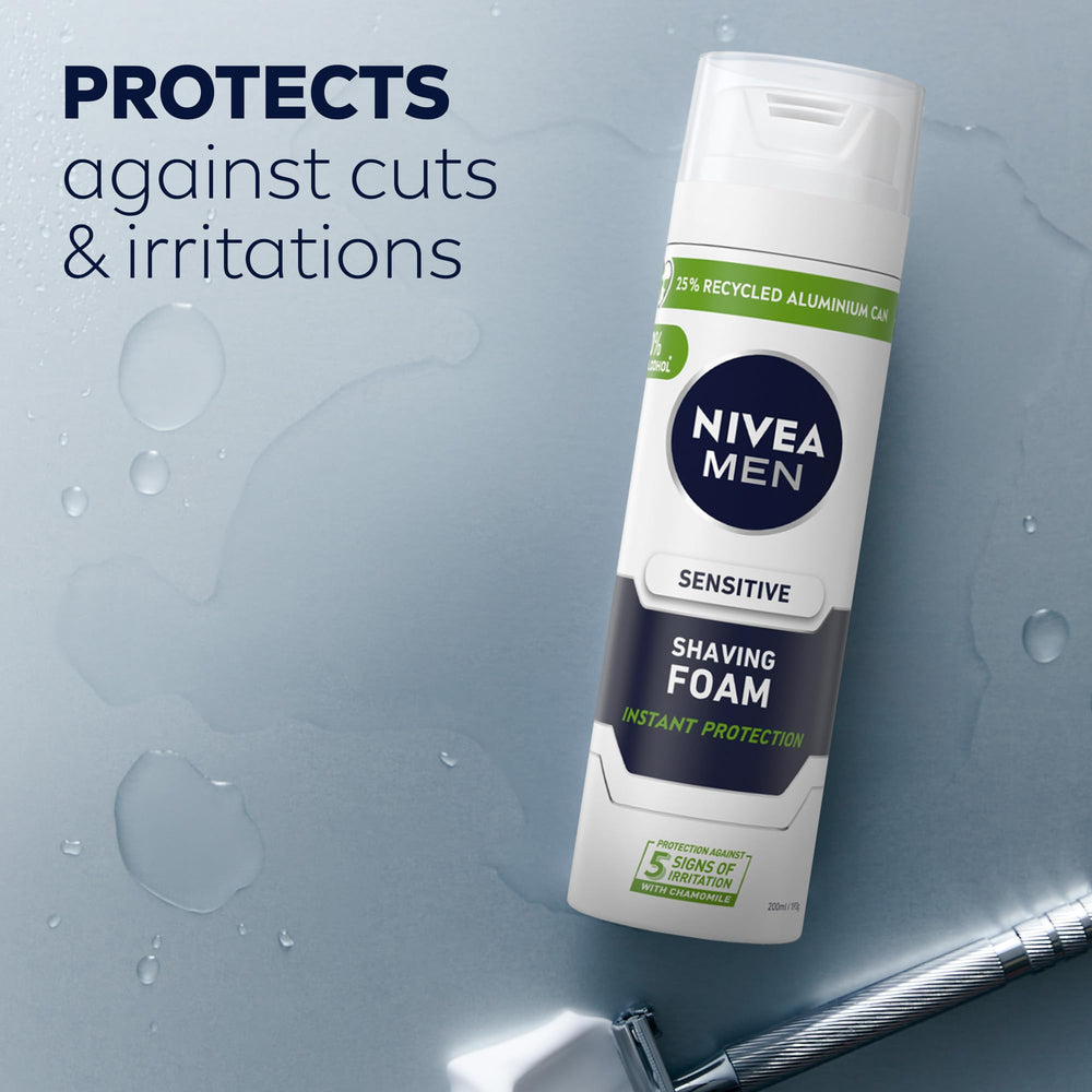 NIVEA MEN shaving foam applied to the face showing rich foam and calm skin