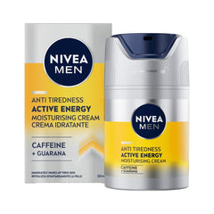 NIVEA MEN Skin Energy caffeine cream bottle close-up showing energizing formula for morning care