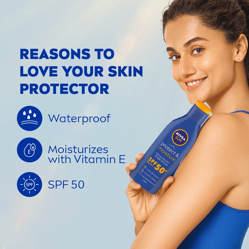 NIVEA moisturising sun lotion packaging view, compact 125ml travel-friendly size.