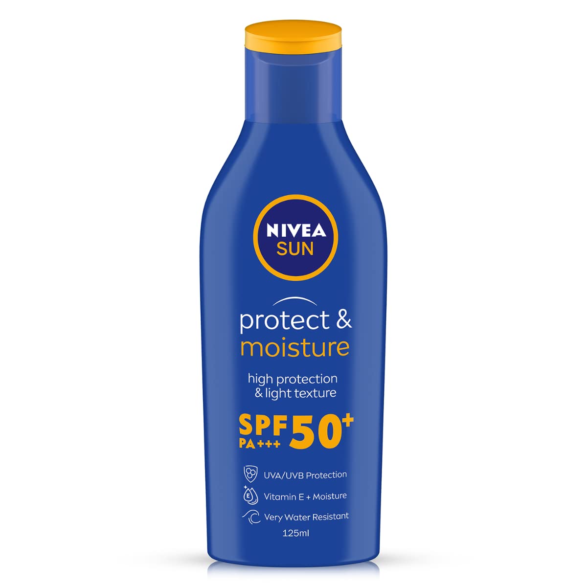 NIVEA Moisturising Sun Lotion SPF-50 bottle shown for daily moisturizing protection.