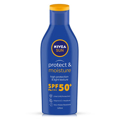 NIVEA Moisturising Sun Lotion SPF-50 bottle shown for daily moisturizing protection.