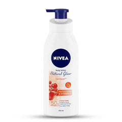 NIVEA Natural Glow bottle front highlighting vitamin C and SPF 15 on the label.
