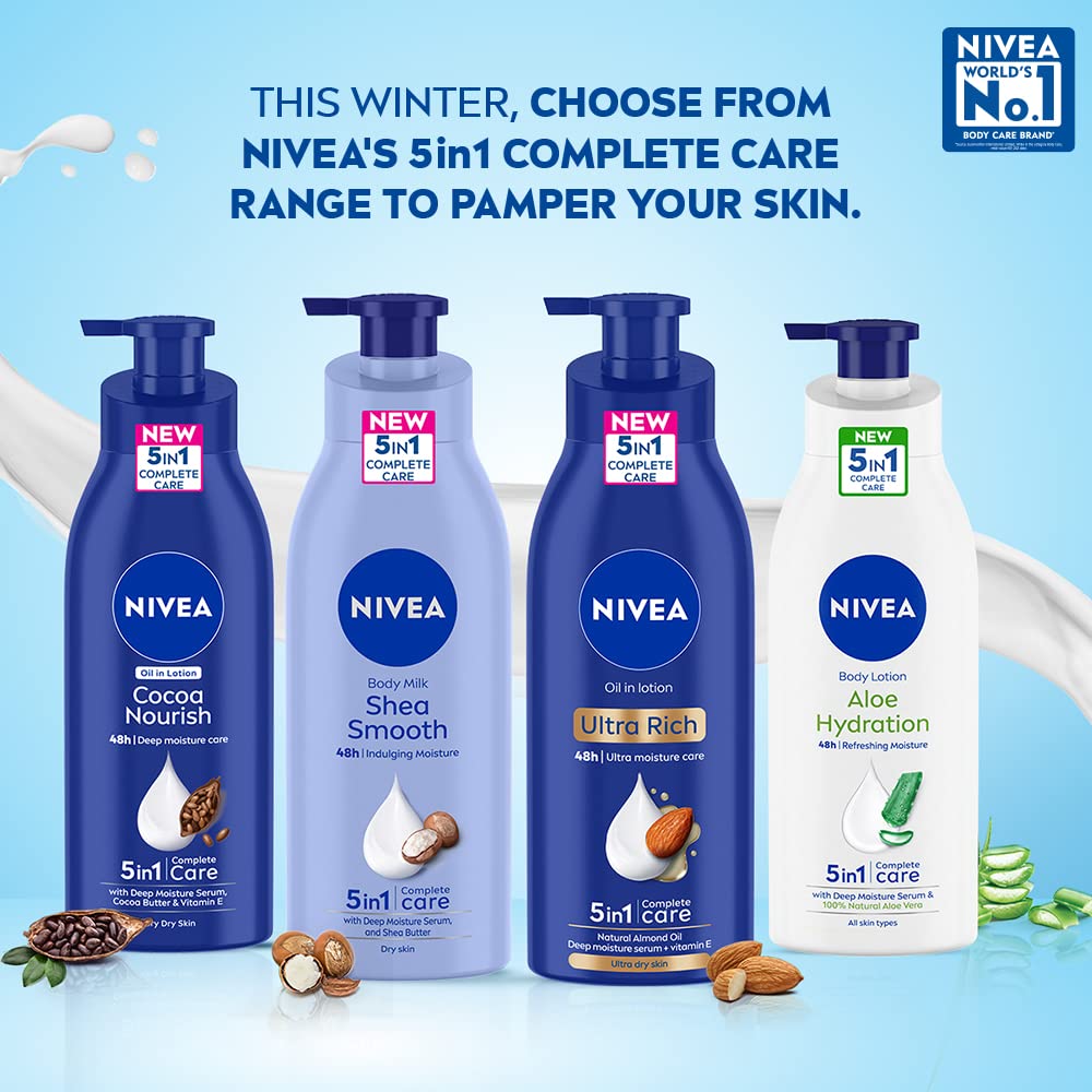 NIVEA Nourishing Lotion being rubbed into hands for dry-skin care.