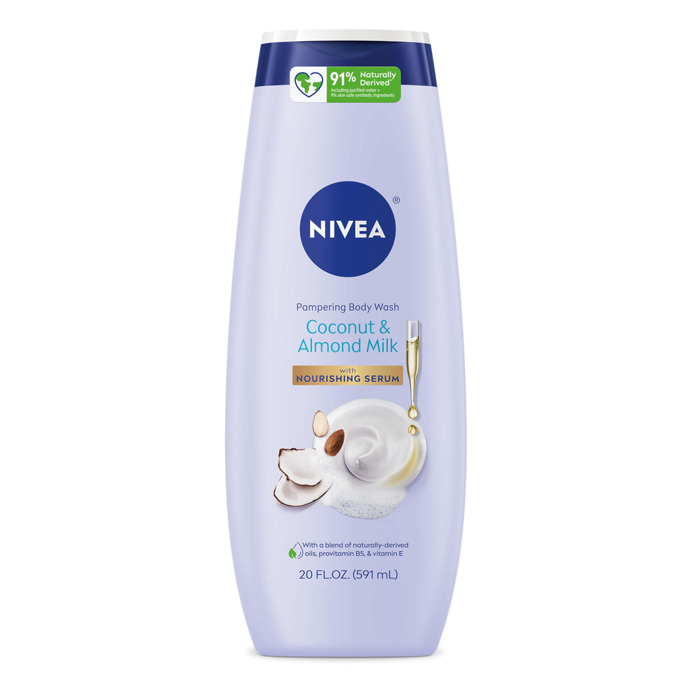 NIVEA Pampering Coconut and Almond Milk Body Wash bottle with Nourishing Serum for daily hydration.