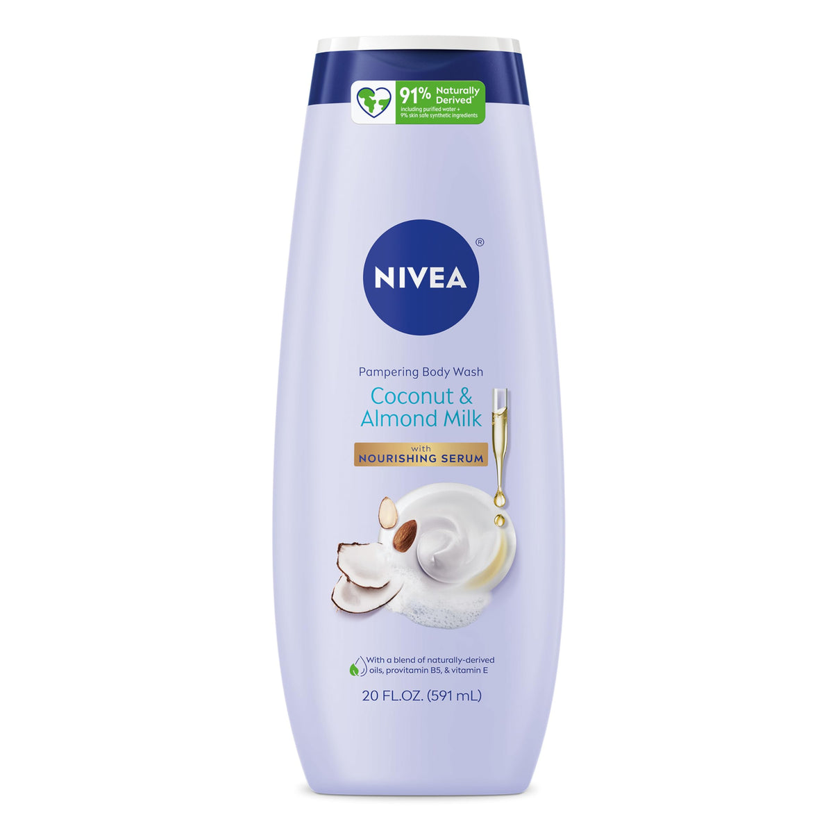 NIVEA Pampering Coconut and Almond Milk Body Wash bottle with Nourishing Serum for daily hydration.