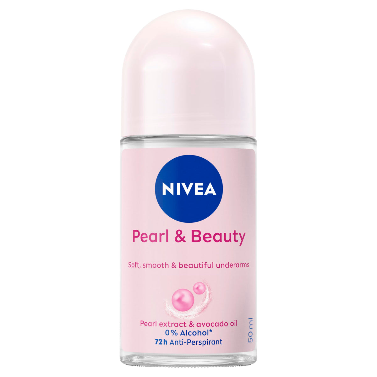 NIVEA Pearl & Beauty roll-on bottle shows front view for daily freshness.