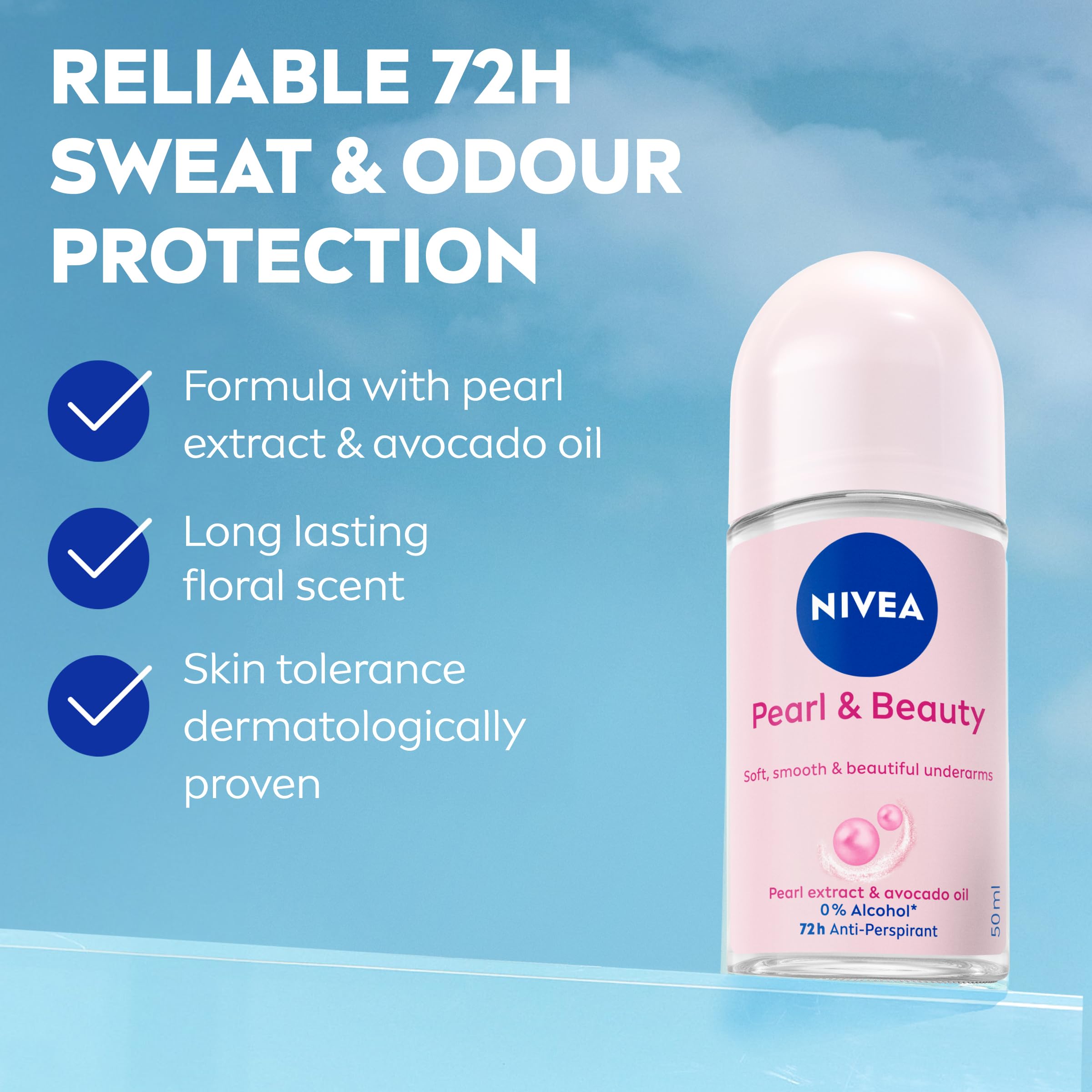 NIVEA Pearl & Beauty application hand demonstrating easy roll-on use.