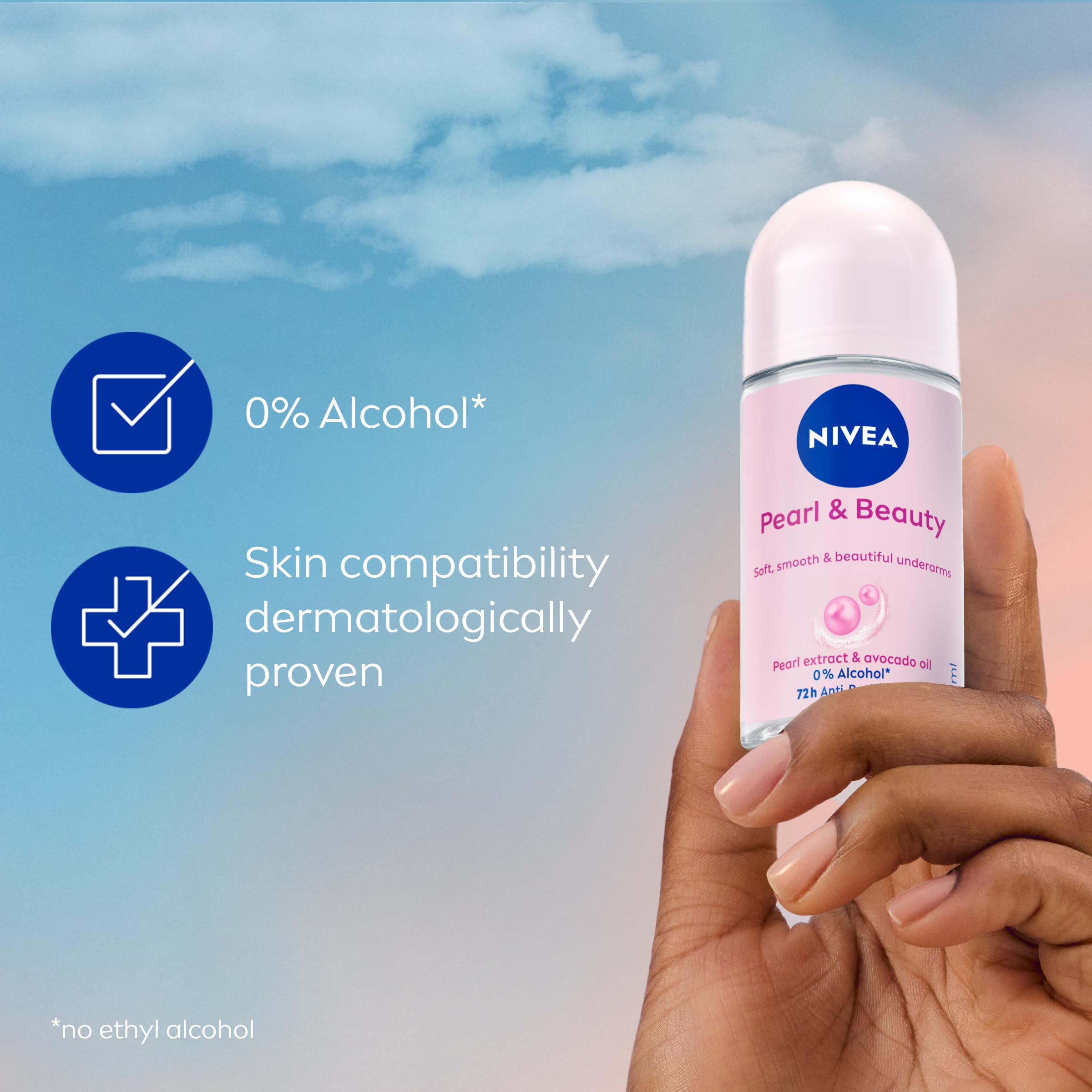 NIVEA Pearl & Beauty bottle on dresser near mirror.