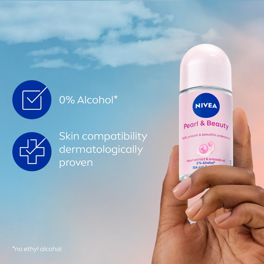 NIVEA Pearl & Beauty bottle on dresser near mirror.