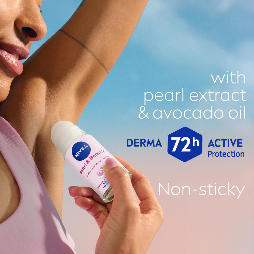 NIVEA Pearl & Beauty roll-on bottle with matte finish on desk.
