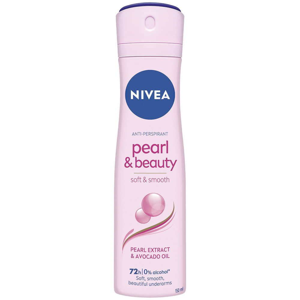 NIVEA Pearl Beauty Spray bottle close-up showing pearl extracts and 48h freshness.