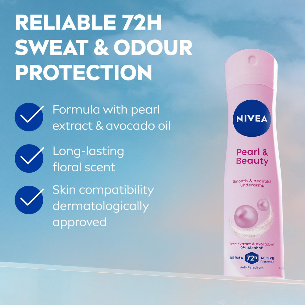 NIVEA Pearl Beauty Spray packaging on shelf highlighting alcohol free formula.