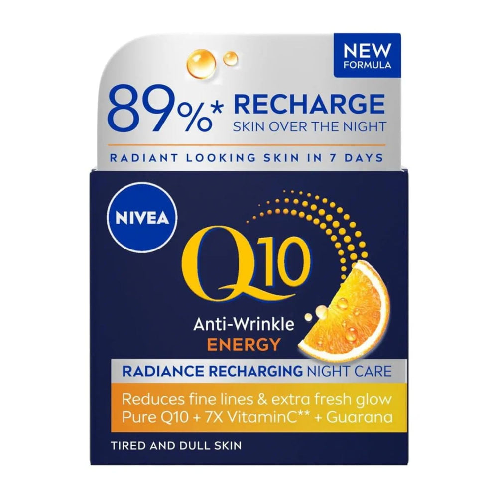 NIVEA Q10 Energy Night Cream bottle promoting overnight radiance and hydration