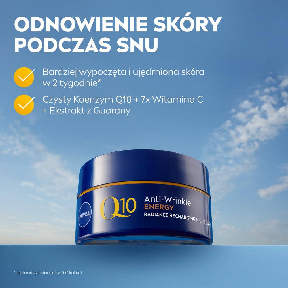 NIVEA Q10 Energy Night Cream label emphasizes anti-wrinkle and radiance benefits