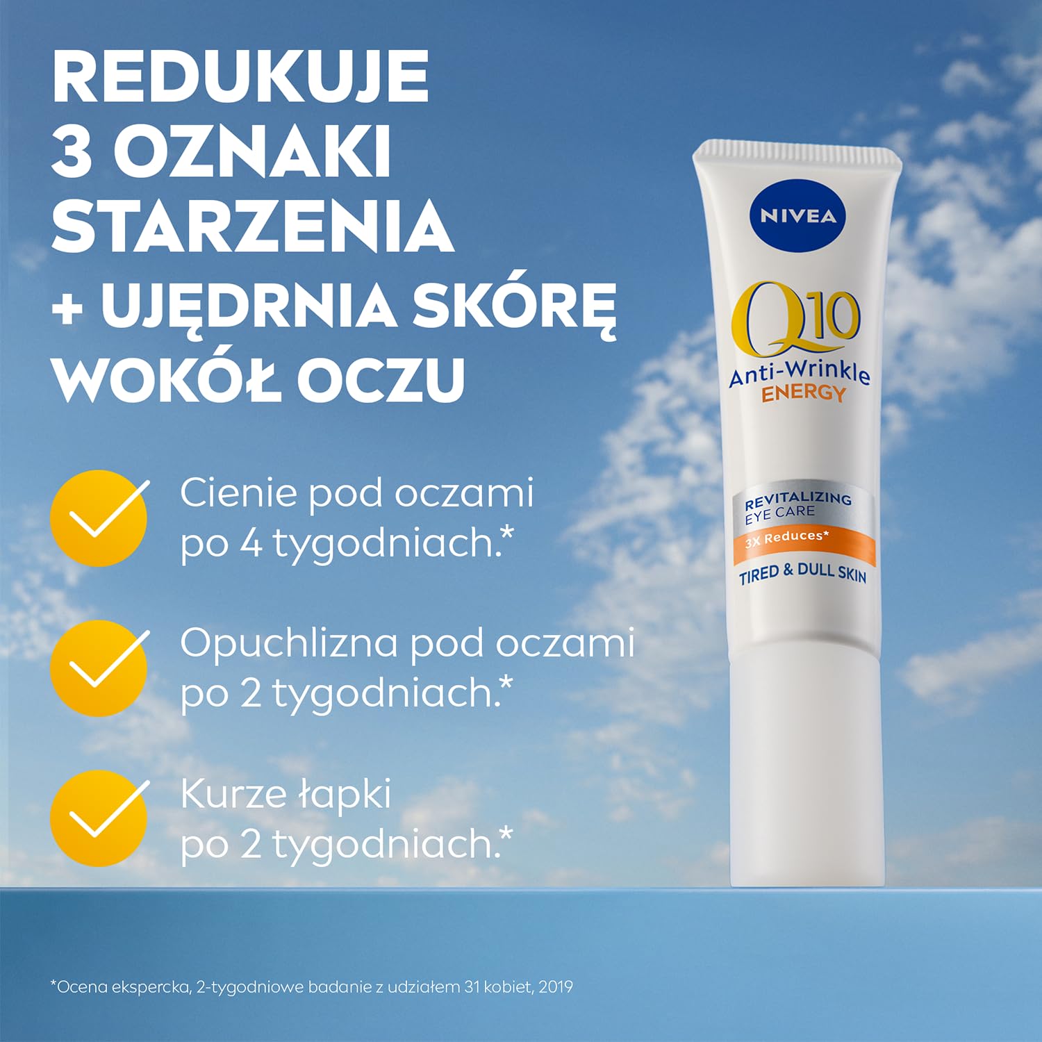 NIVEA Q10 plusC eye cream jar, with antioxidant-rich formula brightening the eyes.