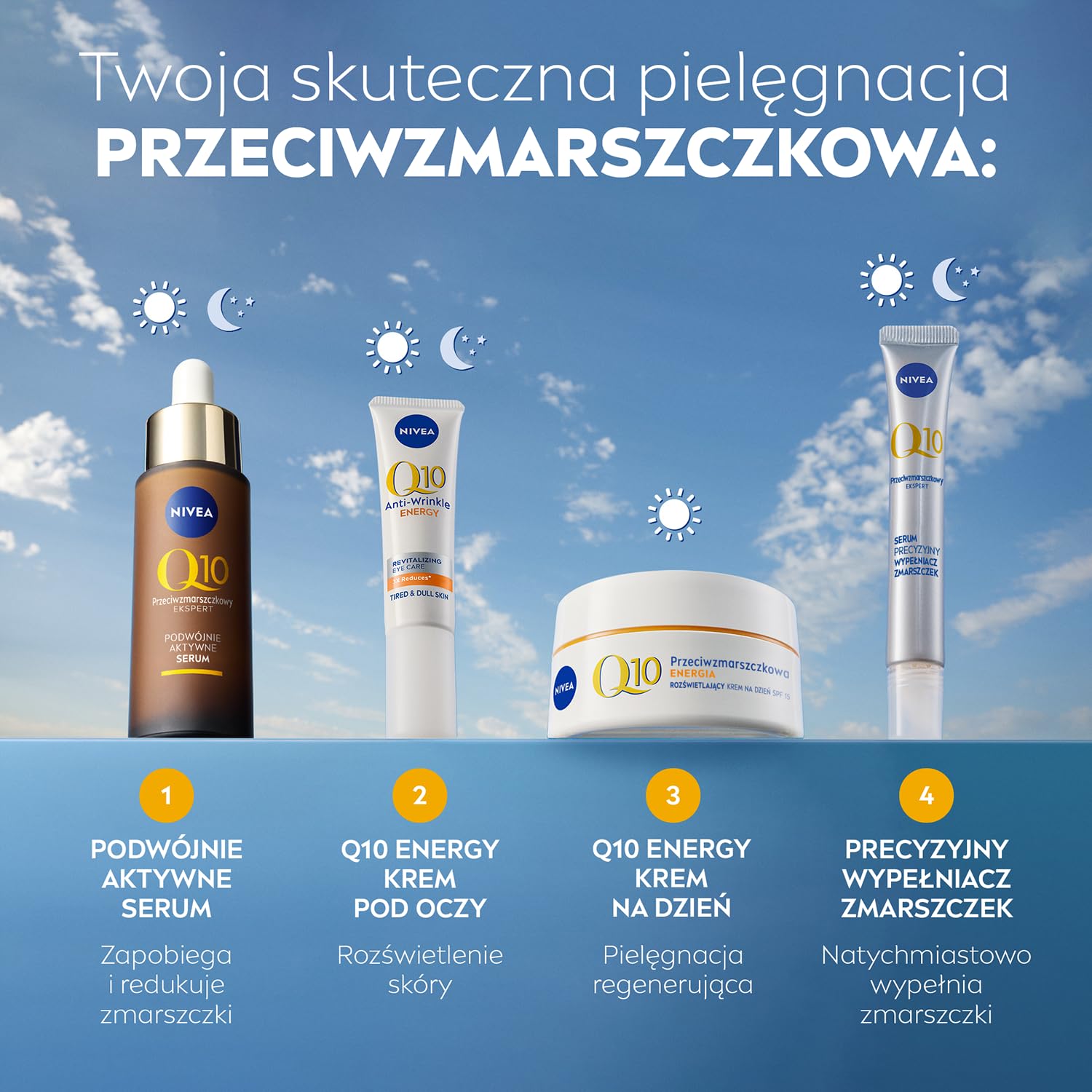 NIVEA Q10 plusC eye cream in a nighttime routine setup for care.