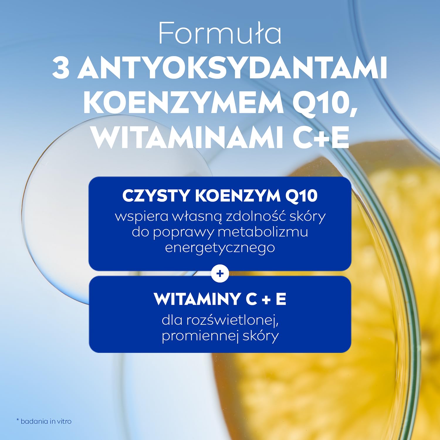 NIVEA Q10 plusC eye cream with Vitamin C and Vitamin E icons for protection.