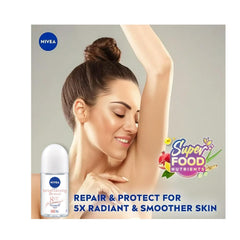 NIVEA roll-on being applied underarm, offering long-lasting freshness and comfort.