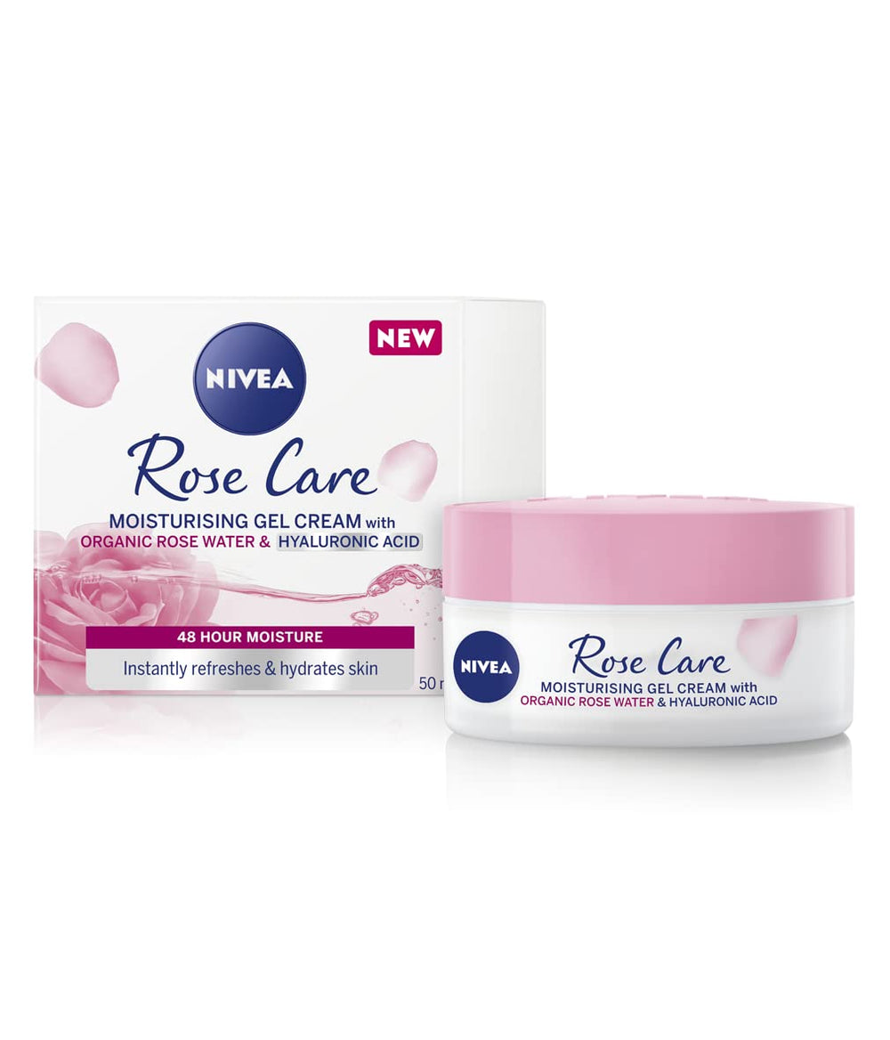 NIVEA Rose Gel Cream jar close-up showing the hydrating formula