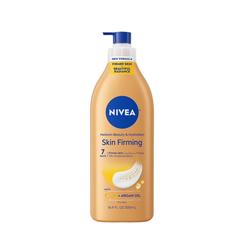 NIVEA Skin Firming Melanin Beauty & Hydration bottle pump for easy, even application.