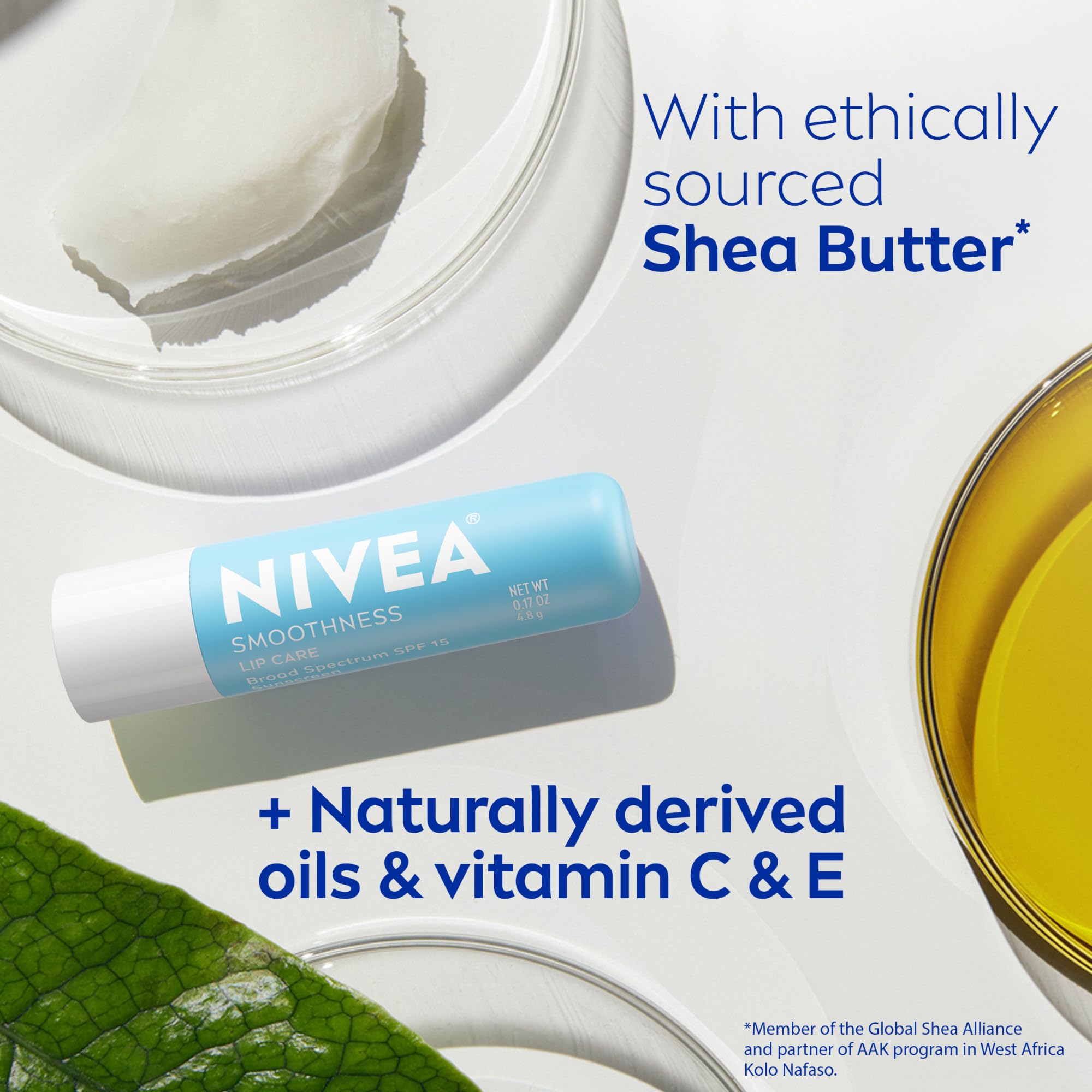 NIVEA Smoothness Lip Care SPF 15 packaging closeup for desk or bag.