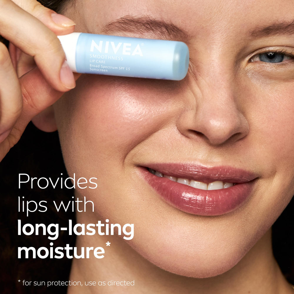 NIVEA Smoothness Lip Care SPF 15 highlights shea butter and nourishing ingredients.
