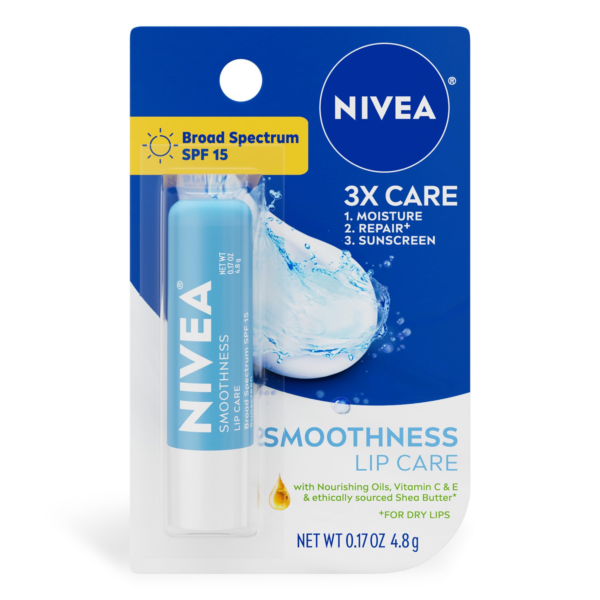 NIVEA Smoothness Lip Care SPF 15 stick closeup showing sun protection and hydration.